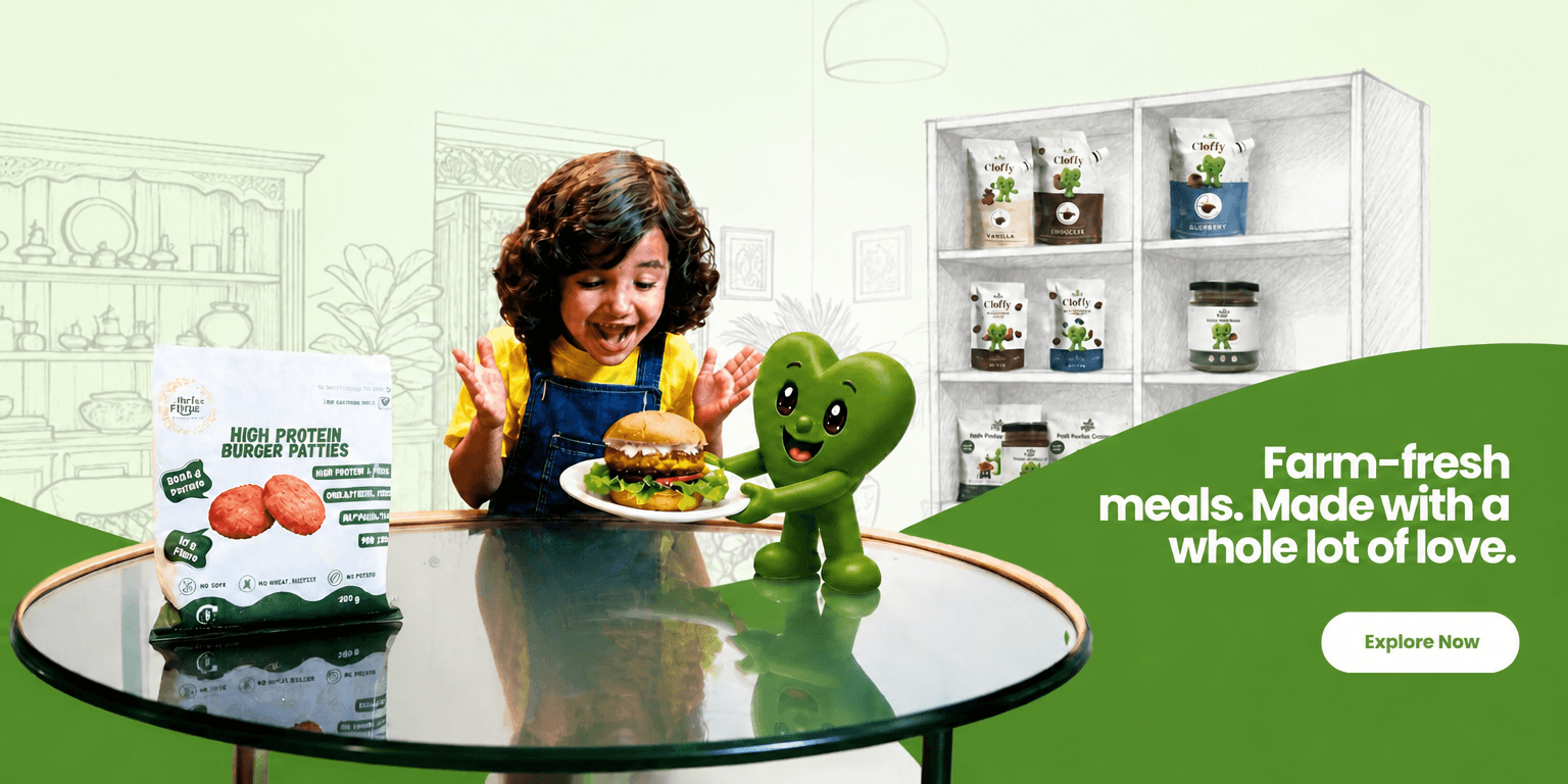 A child reaching for Hertes Fitlys high-protein patties and nuggets, with Herte holding the plate