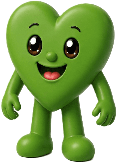 Herte, the Hertes mascot — a smiling green heart with open arms